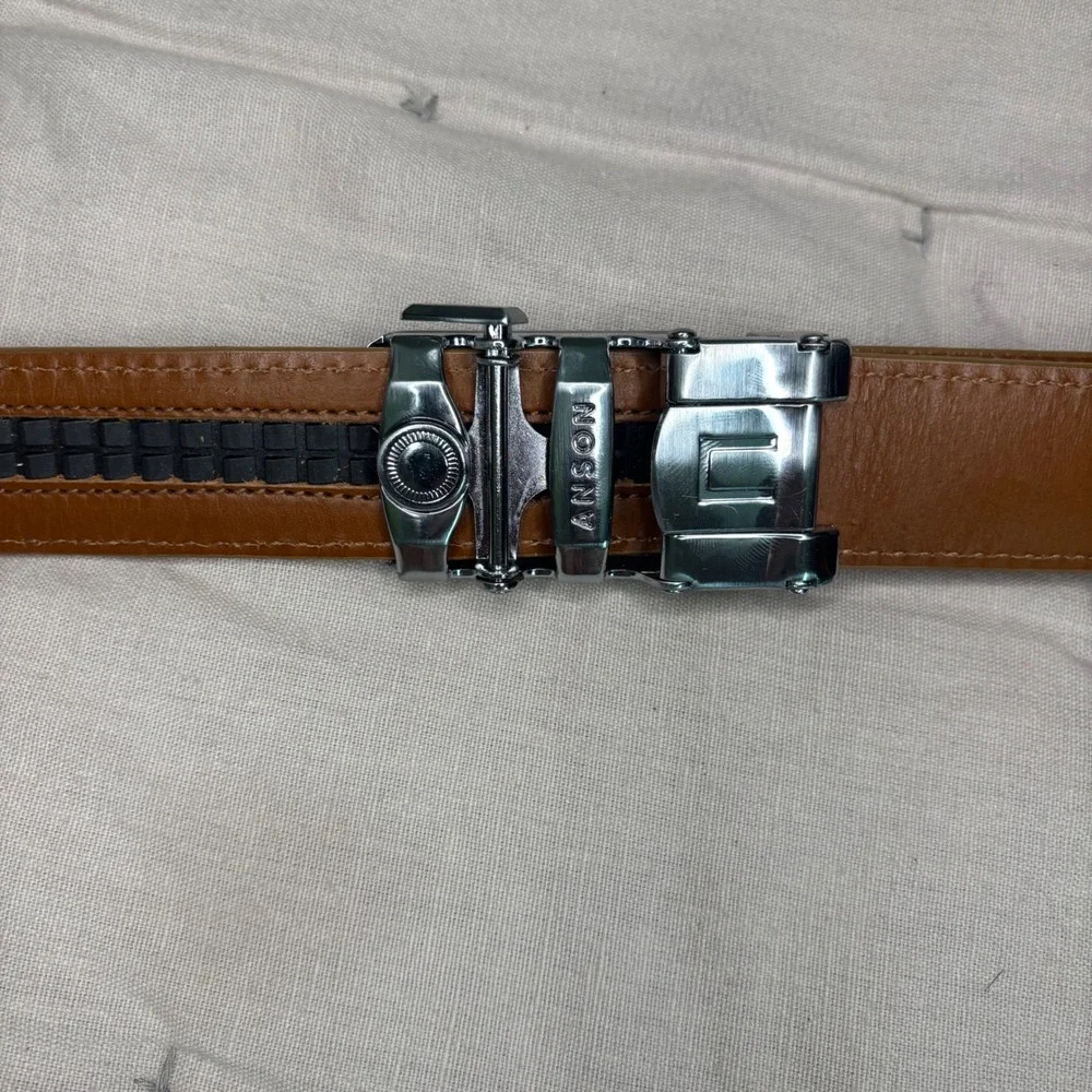 Anson Belt & Buckle Men's Brown Leather Ratchet Belt Silver Buckle Adjustable